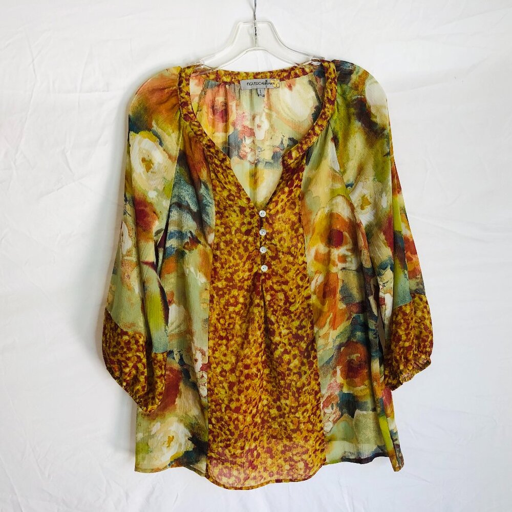 Fig & Flower Anthropologie Women's Size XL Floral Semi Sheer Blouse Top Boho